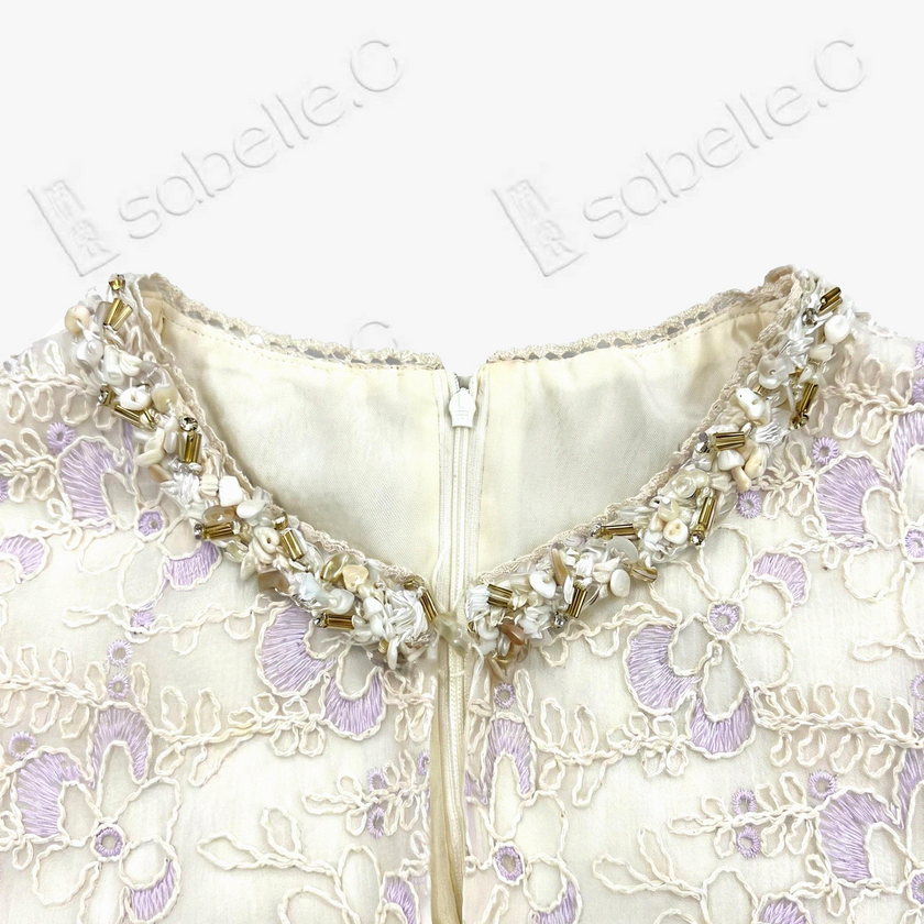 Ivory Beaded Floral Lace Shift Dress - 月白釘珠蕾絲裙