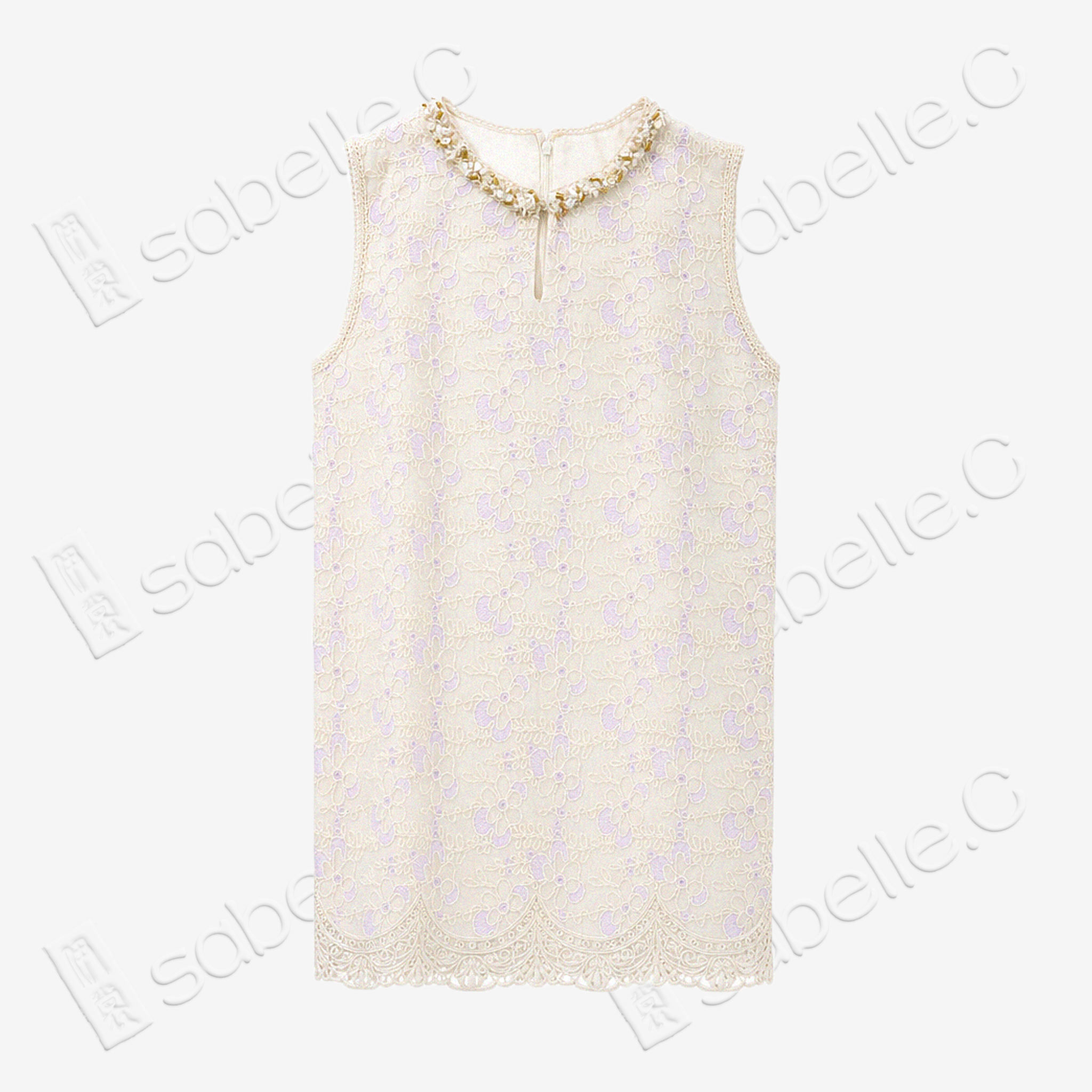 Ivory Beaded Floral Lace Shift Dress - 月白釘珠蕾絲裙