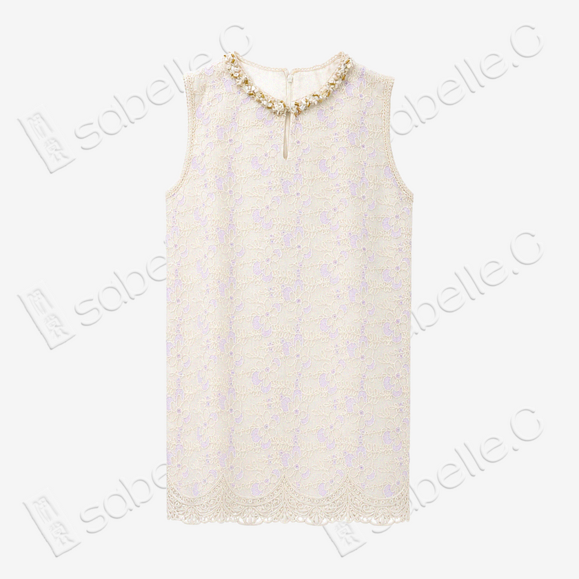Ivory Beaded Floral Lace Shift Dress - 月白釘珠蕾絲裙