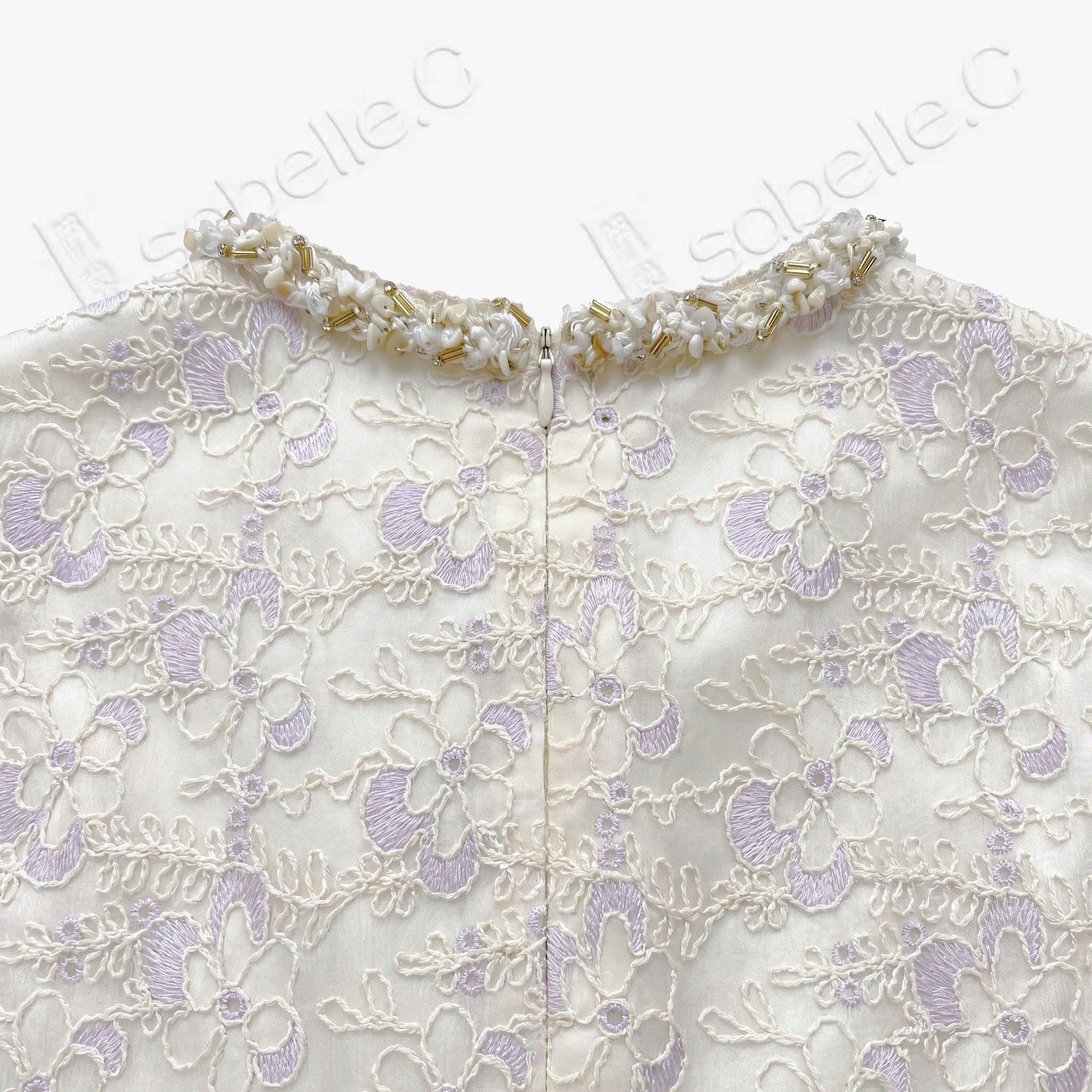 Ivory Beaded Floral Lace Shift Dress - 月白釘珠蕾絲裙