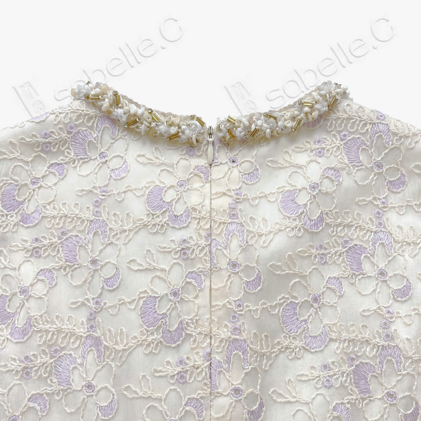 Ivory Beaded Floral Lace Shift Dress - 月白釘珠蕾絲裙