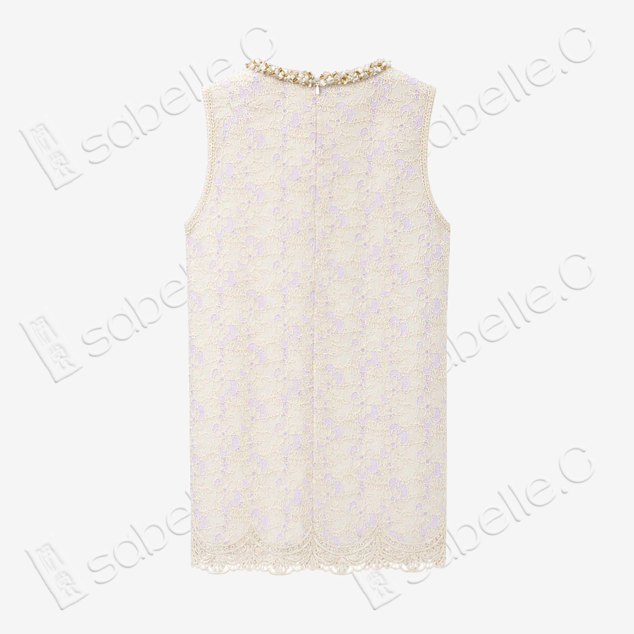Ivory Beaded Floral Lace Shift Dress - 月白釘珠蕾絲裙