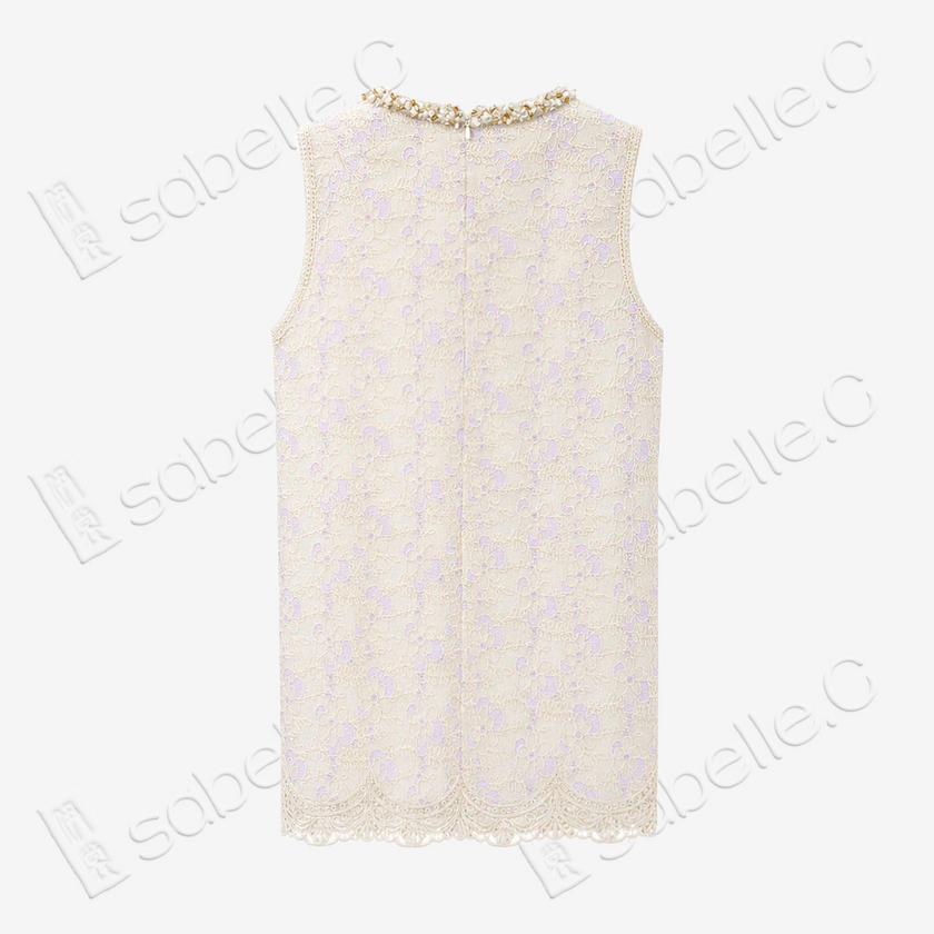 Ivory Beaded Floral Lace Shift Dress - 月白釘珠蕾絲裙