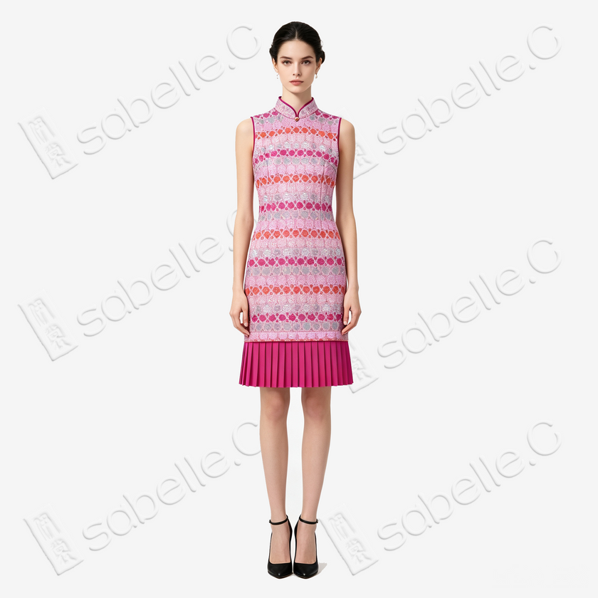 Peach Sunset Floral Brocade Pleated Hem Sleeveless Qipao - 桃霞寶相織錦百褶無袖旗袍