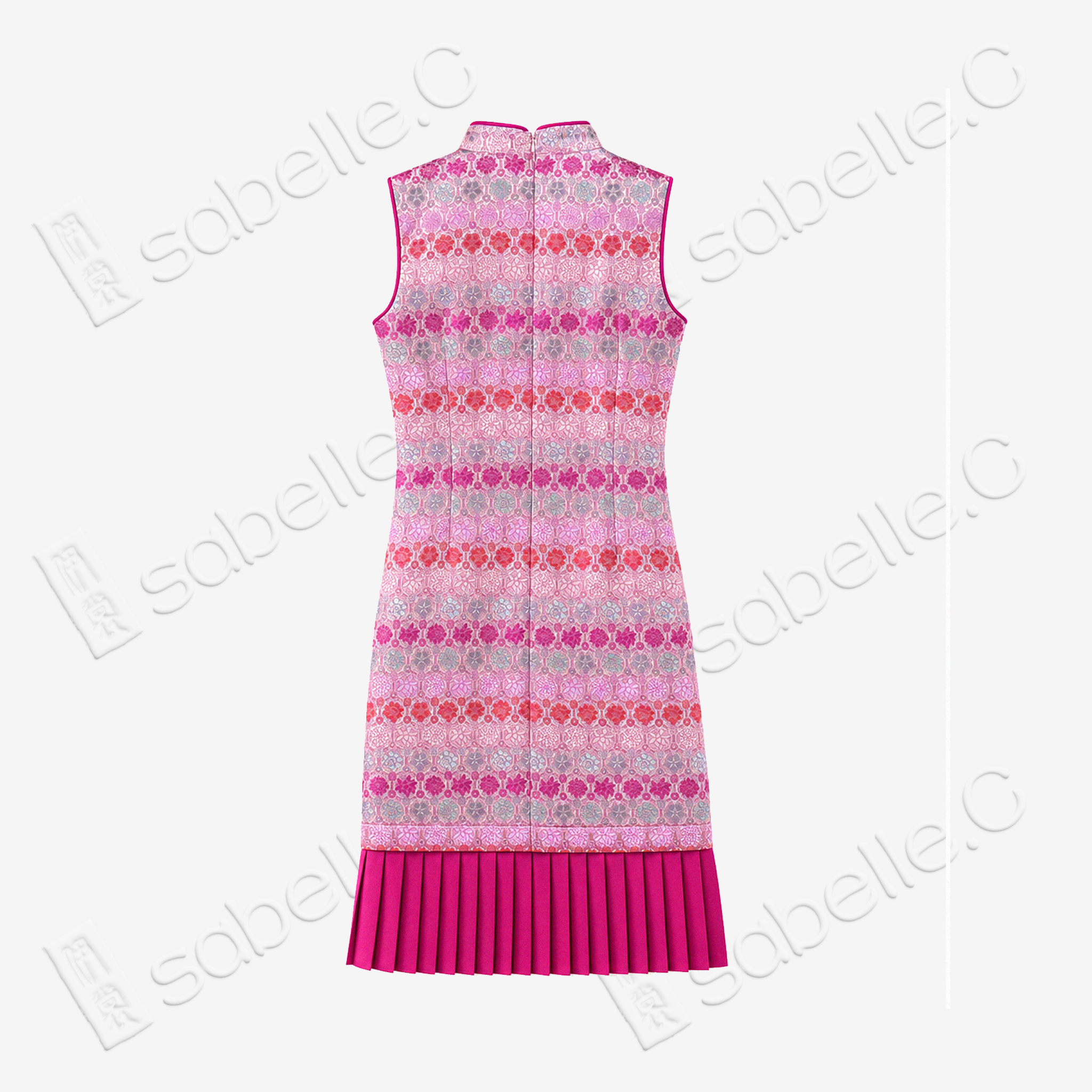 Peach Sunset Floral Brocade Pleated Hem Sleeveless Qipao - 桃霞寶相織錦百褶無袖旗袍