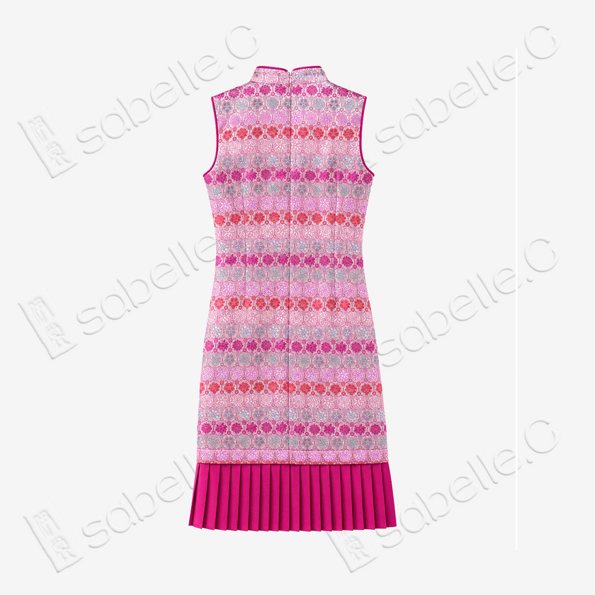 Peach Sunset Floral Brocade Pleated Hem Sleeveless Qipao - 桃霞寶相織錦百褶無袖旗袍