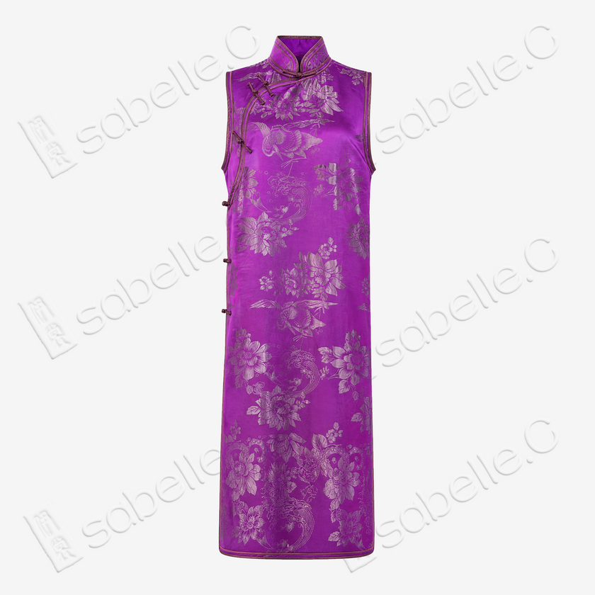 Magenta Silver Oriole Floral Vintage Silk Satin Qipao - 古董真絲老緞旗袍