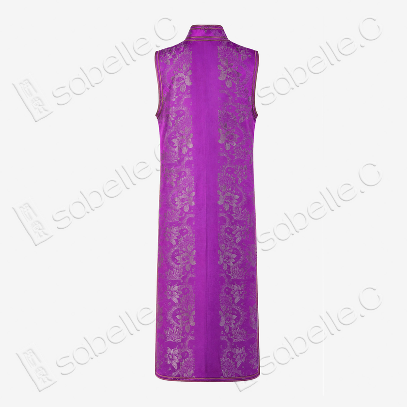 Magenta Silver Oriole Floral Vintage Silk Satin Qipao - 古董真絲老緞旗袍
