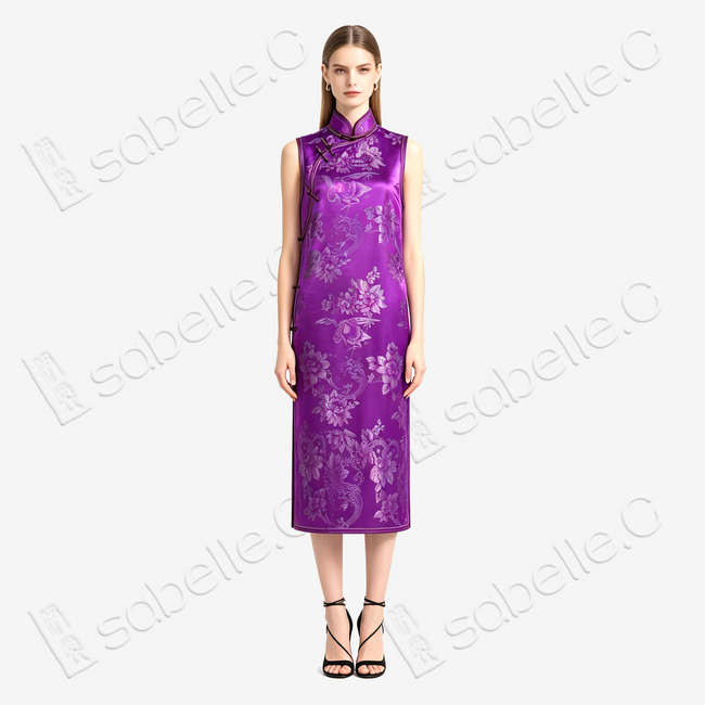 Magenta Silver Oriole Floral Vintage Silk Satin Qipao - 古董真絲老緞旗袍