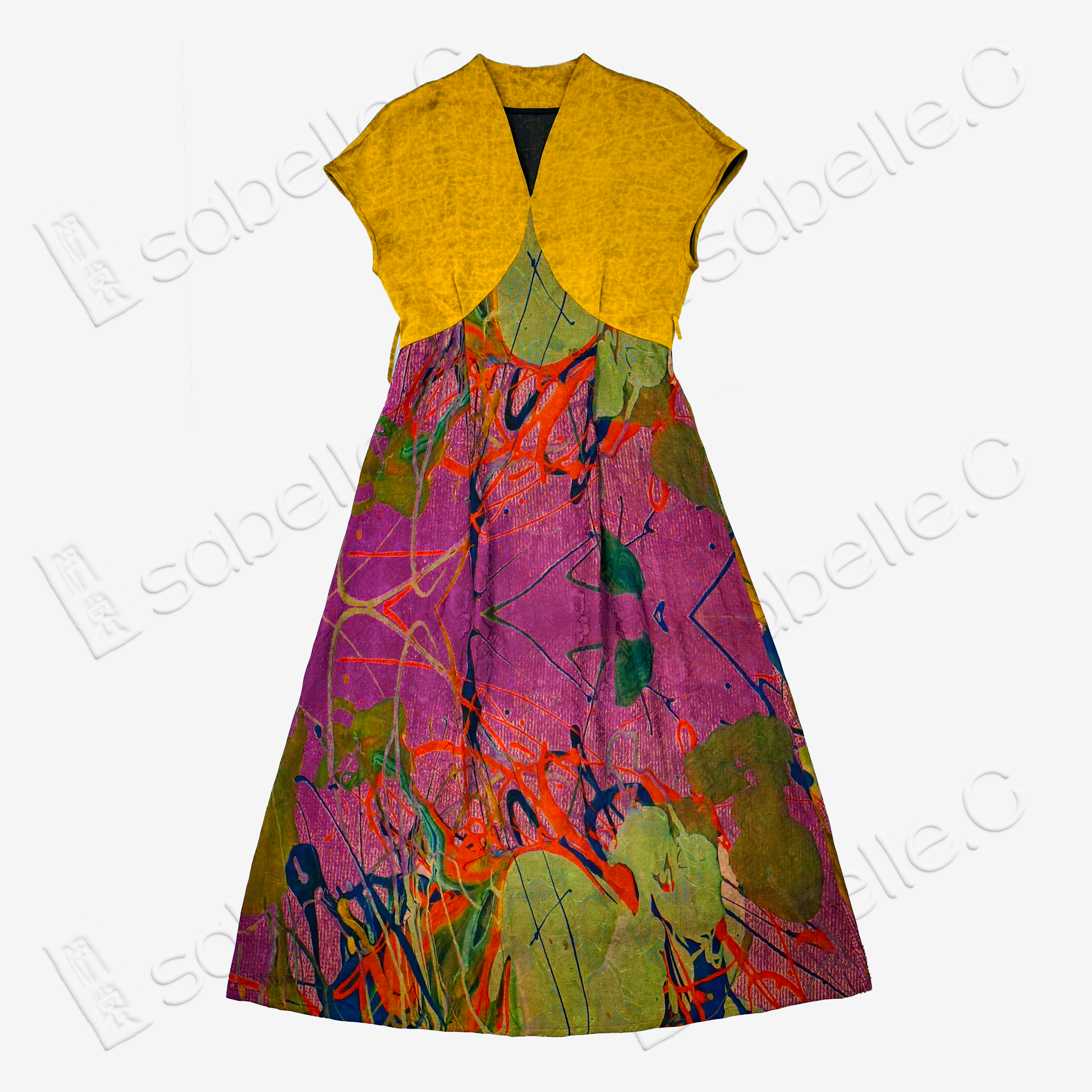 Gambiered Canton Silk Patchwork Dress (With Belt)