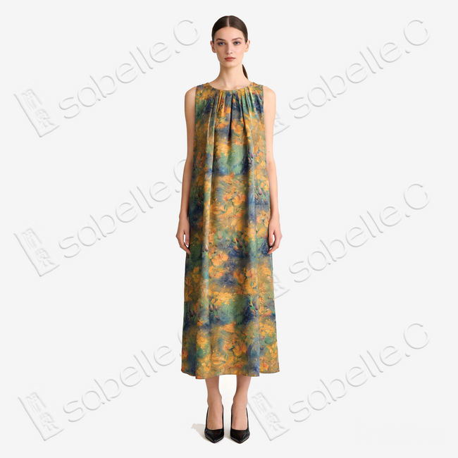 Monet Floral Brook Halter Gambiered Silk Dress - 莫奈花澗掛脖香雲紗長裙