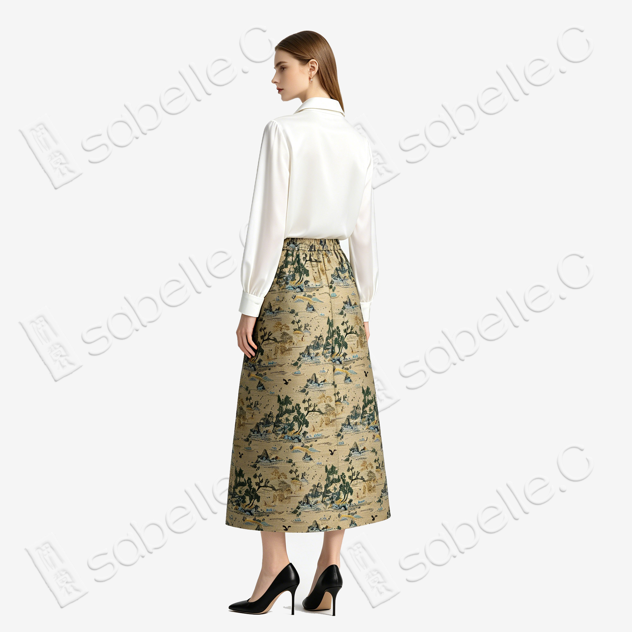 Song Brocade High-Waist Skirt (Elastic Waist)-宋錦半身長裙