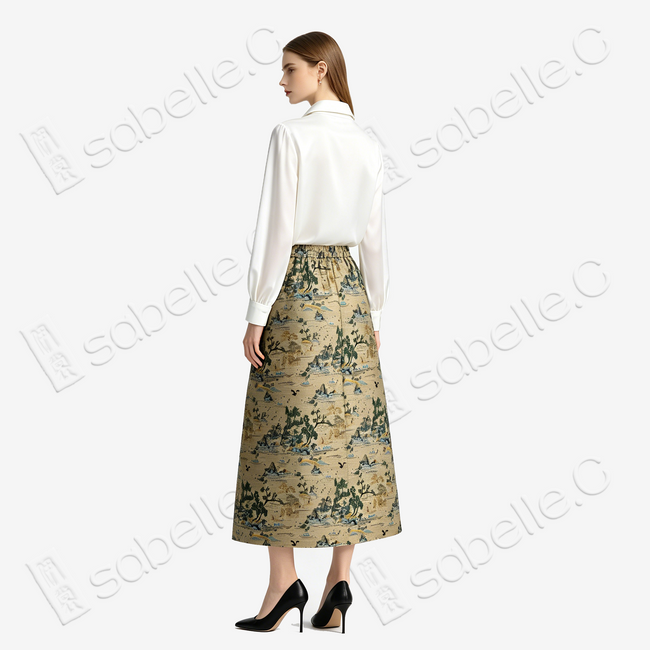 Song Brocade High-Waist Skirt (Elastic Waist)-宋錦半身長裙