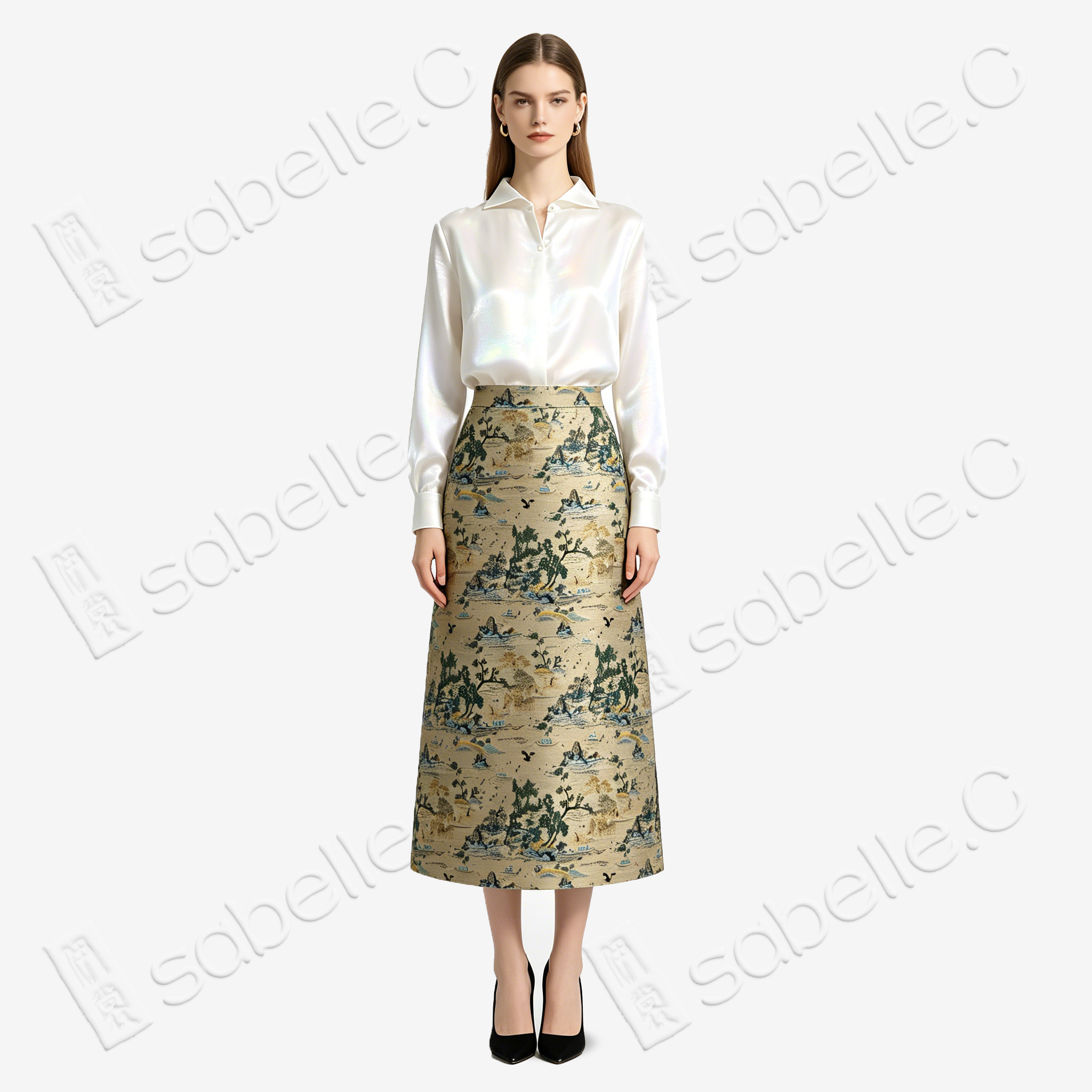 Song Brocade High-Waist Skirt (Elastic Waist)-宋錦半身長裙