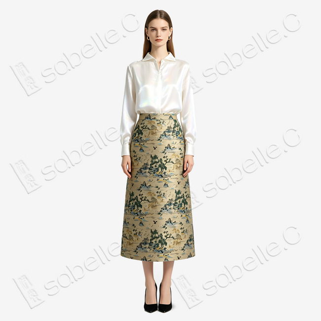 Song Brocade High-Waist Skirt (Elastic Waist)-宋錦半身長裙