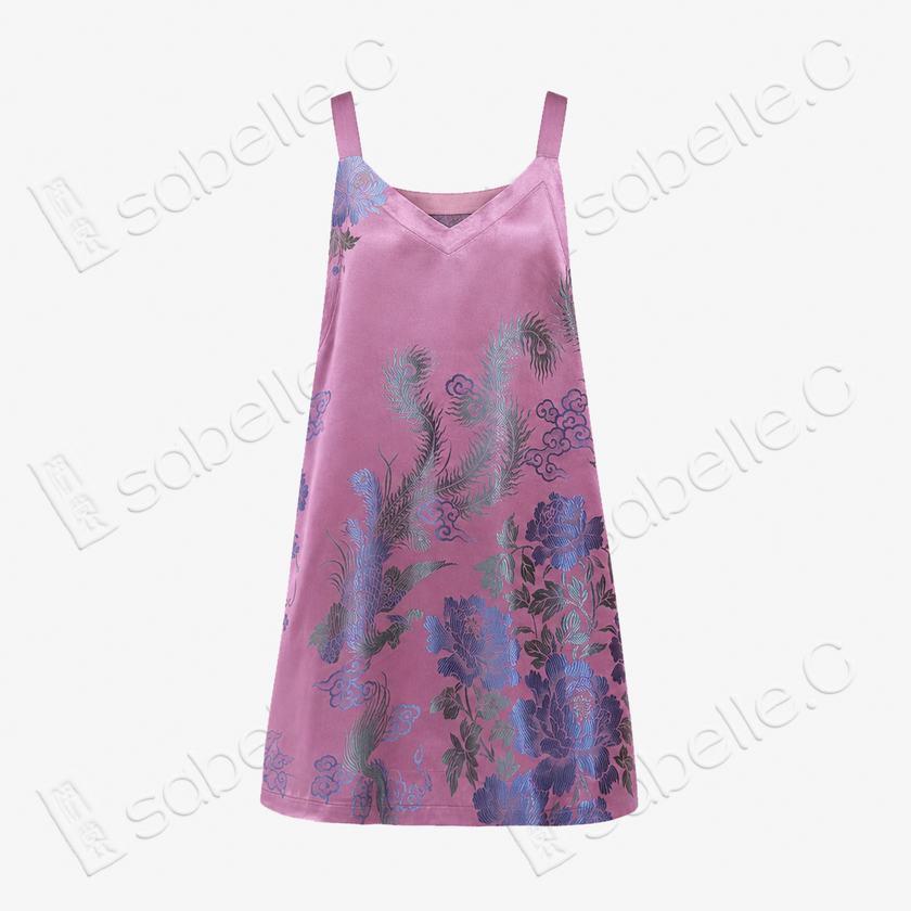 Peach Mist Phoenix Brocade Antique Silk Slip Dress - 「桃霧鳳綺」古董真絲吊帶裙