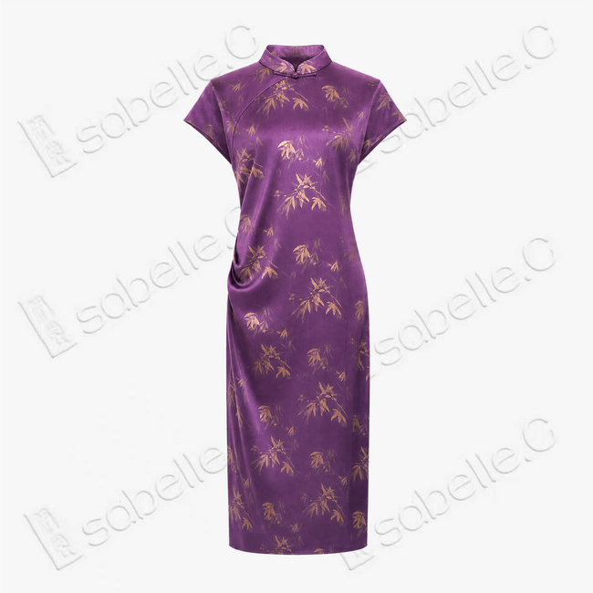 Dusty Purple Bamboo Shadow Gambiered Canton Silk Qipao - 「霧紫竹影」香雲紗立領旗袍