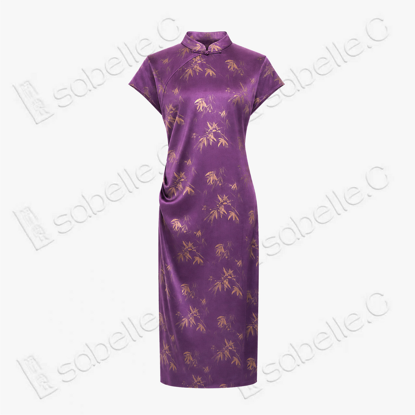 Dusty Purple Bamboo Shadow Gambiered Canton Silk Qipao - 「霧紫竹影」香雲紗立領旗袍