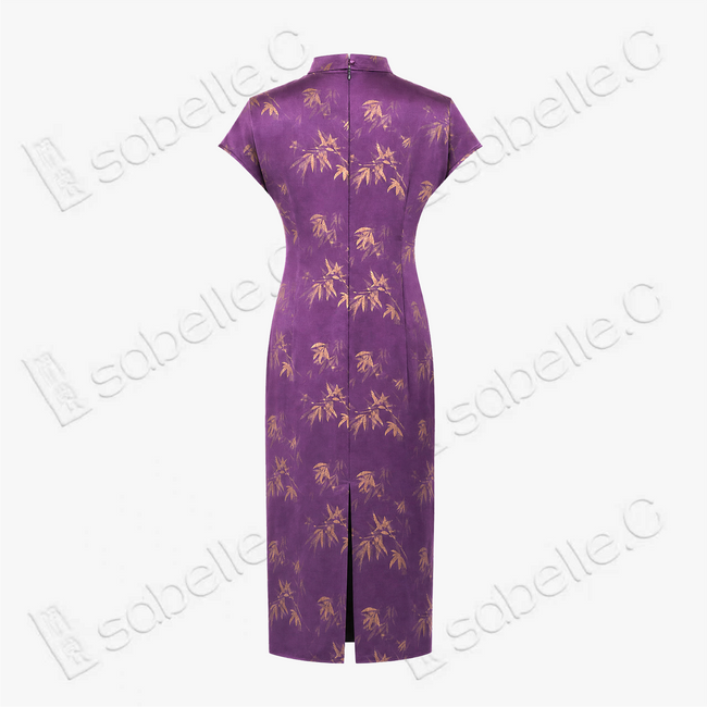 Dusty Purple Bamboo Shadow Gambiered Canton Silk Qipao - 「霧紫竹影」香雲紗立領旗袍