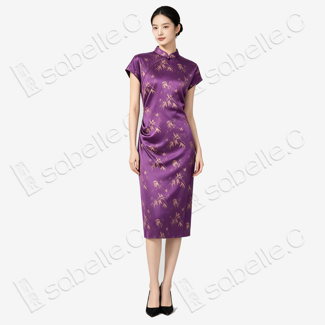 Dusty Purple Bamboo Shadow Gambiered Canton Silk Qipao - 「霧紫竹影」香雲紗立領旗袍