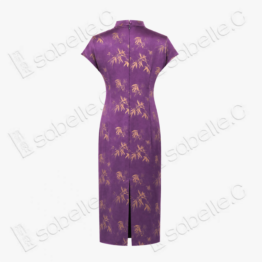 Dusty Purple Bamboo Shadow Gambiered Canton Silk Qipao - 「霧紫竹影」香雲紗立領旗袍