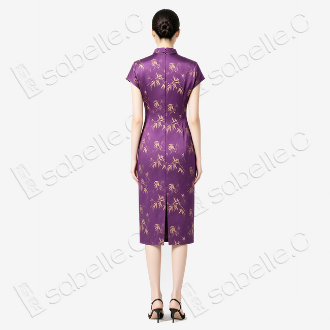 Dusty Purple Bamboo Shadow Gambiered Canton Silk Qipao - 「霧紫竹影」香雲紗立領旗袍
