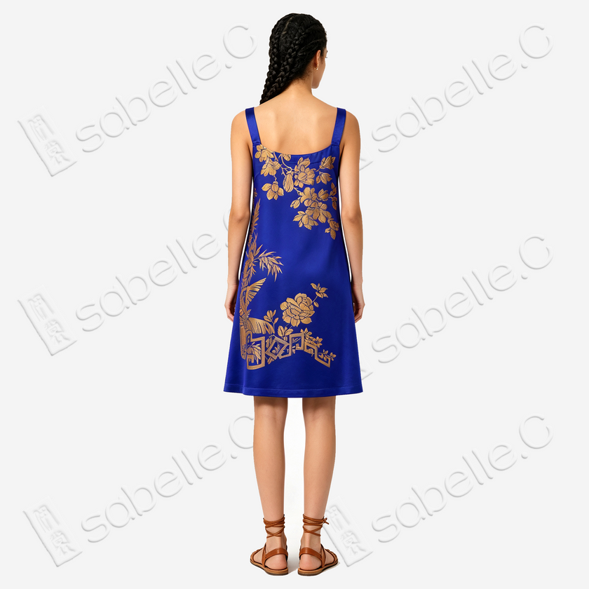 Sapphire Firmament Gilded Splendor Antique Silk Slip Dress - 「藍宸鎏華」古董真絲吊帶裙