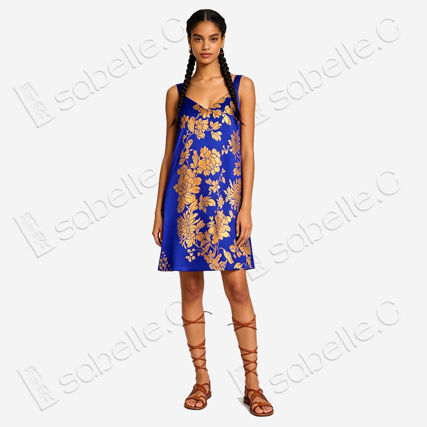 Sapphire Firmament Gilded Splendor Antique Silk Slip Dress - 「藍宸鎏華」古董真絲吊帶裙