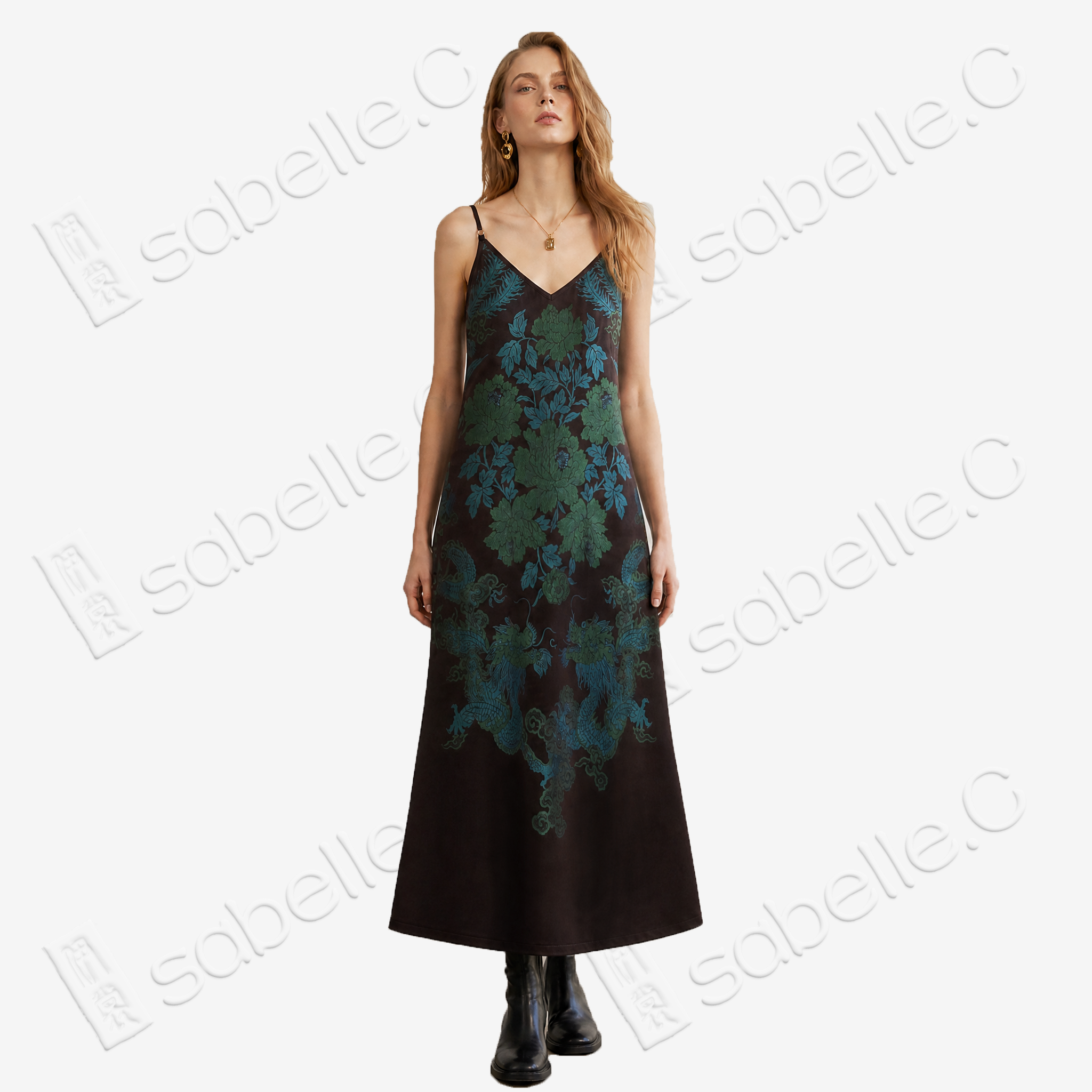 Dark Brown Azure Dragon Antique Silk Long Slip Dress - 「玄棕蒼龍」古董真絲吊帶長裙