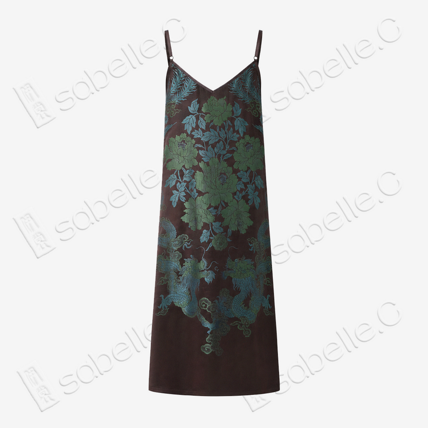 Dark Brown Azure Dragon Antique Silk Long Slip Dress - 「玄棕蒼龍」古董真絲吊帶長裙