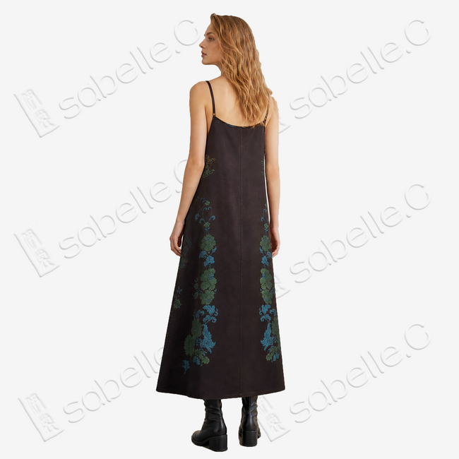 Dark Brown Azure Dragon Antique Silk Long Slip Dress - 「玄棕蒼龍」古董真絲吊帶長裙
