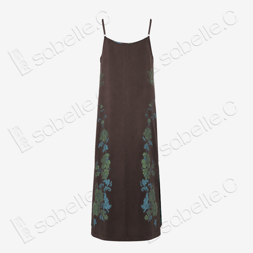 Dark Brown Azure Dragon Antique Silk Long Slip Dress - 「玄棕蒼龍」古董真絲吊帶長裙