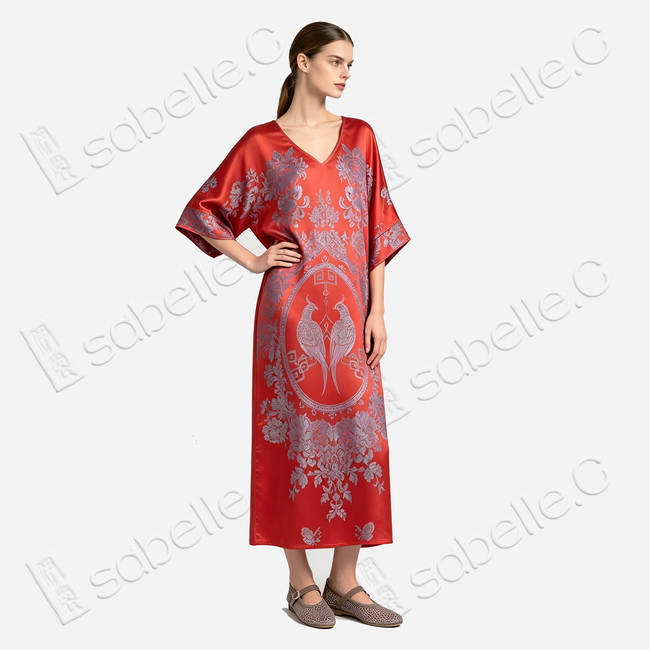 Concentric Twin Phoenix Birds Antique Silk Long Dress - 「同心對風鳥」古董真絲長裙
