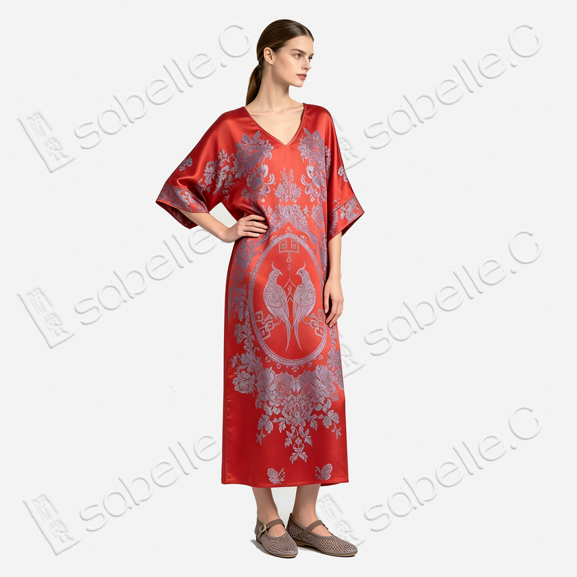 Concentric Twin Phoenix Birds Antique Silk Long Dress - 「同心對風鳥」古董真絲長裙