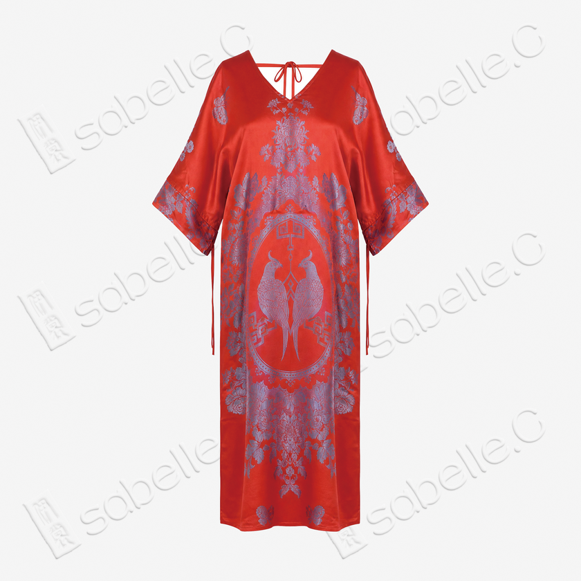 Concentric Twin Phoenix Birds Antique Silk Long Dress - 「同心對風鳥」古董真絲長裙