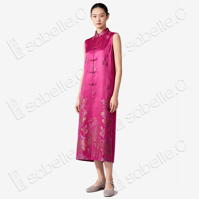 Antique Silk Qipao - 「桃霞織金」古董真絲無袖旗袍