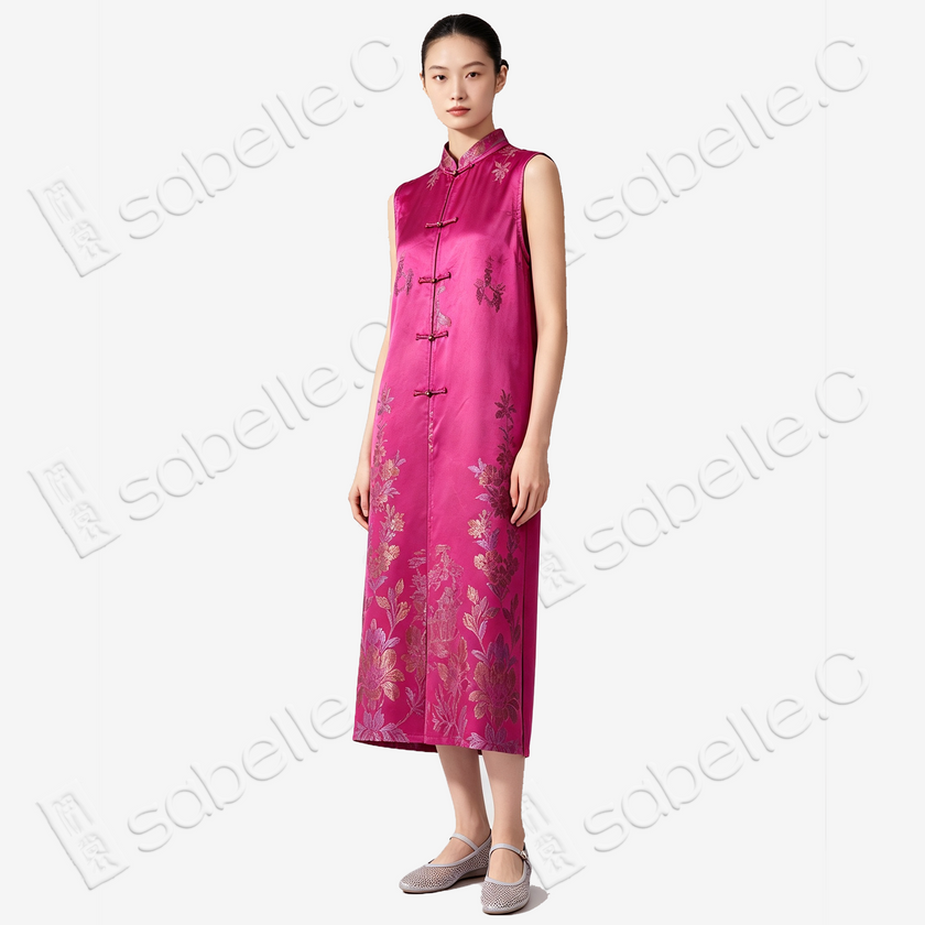 Antique Silk Qipao - 「桃霞織金」古董真絲無袖旗袍