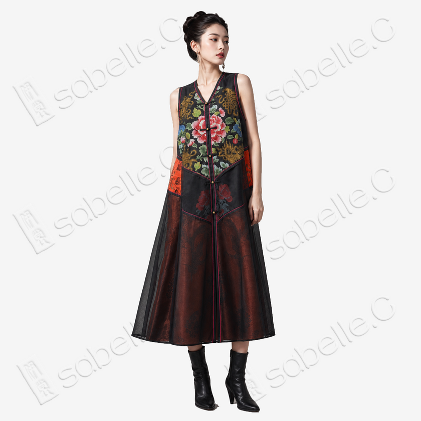 Antique Silk Long Dress - 「玄錦繁華」古董真絲長裙