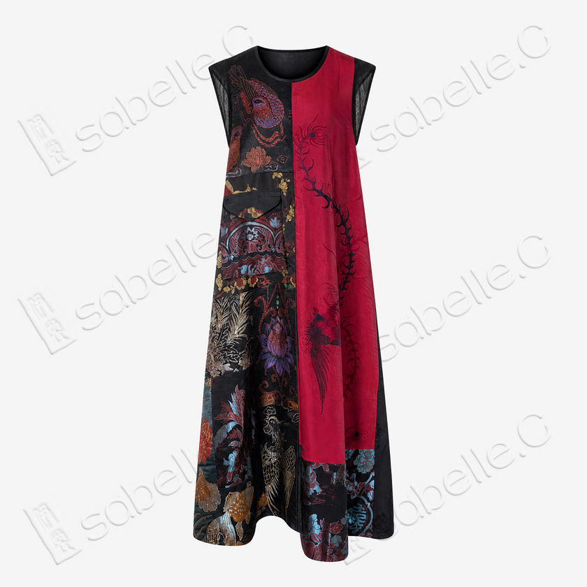 Antique Silk Patchwork Dress - 「玄緋百鳥」古董真絲拼接長裙