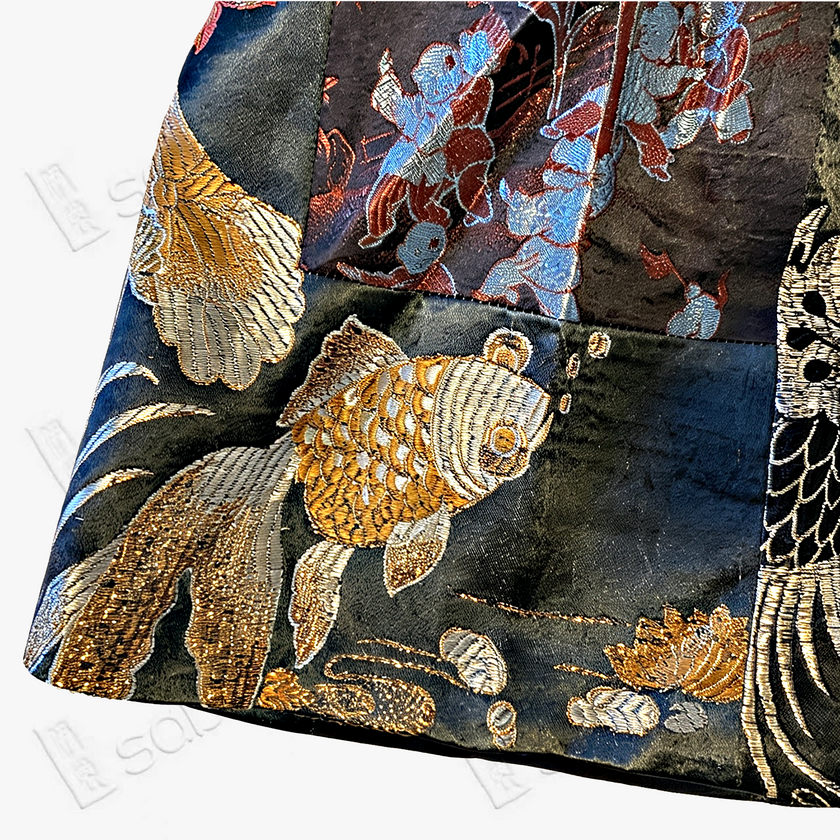 Antique Silk Patchwork Dress - 「玄緋百鳥」古董真絲拼接長裙