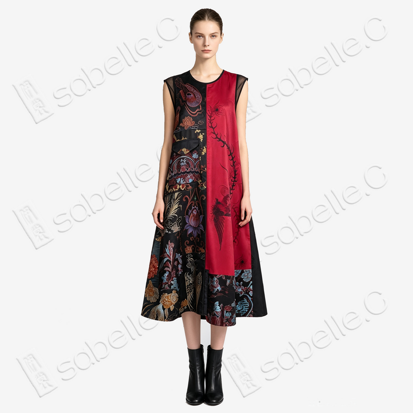 Antique Silk Patchwork Dress - 「玄緋百鳥」古董真絲拼接長裙