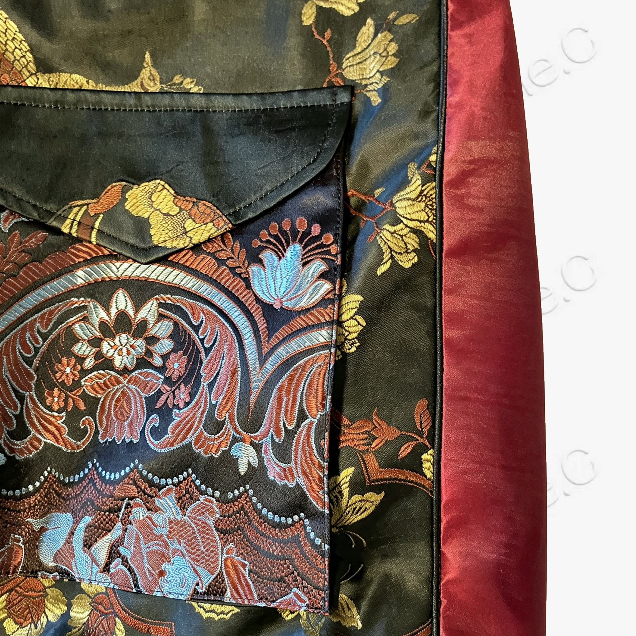 Antique Silk Patchwork Dress - 「玄緋百鳥」古董真絲拼接長裙