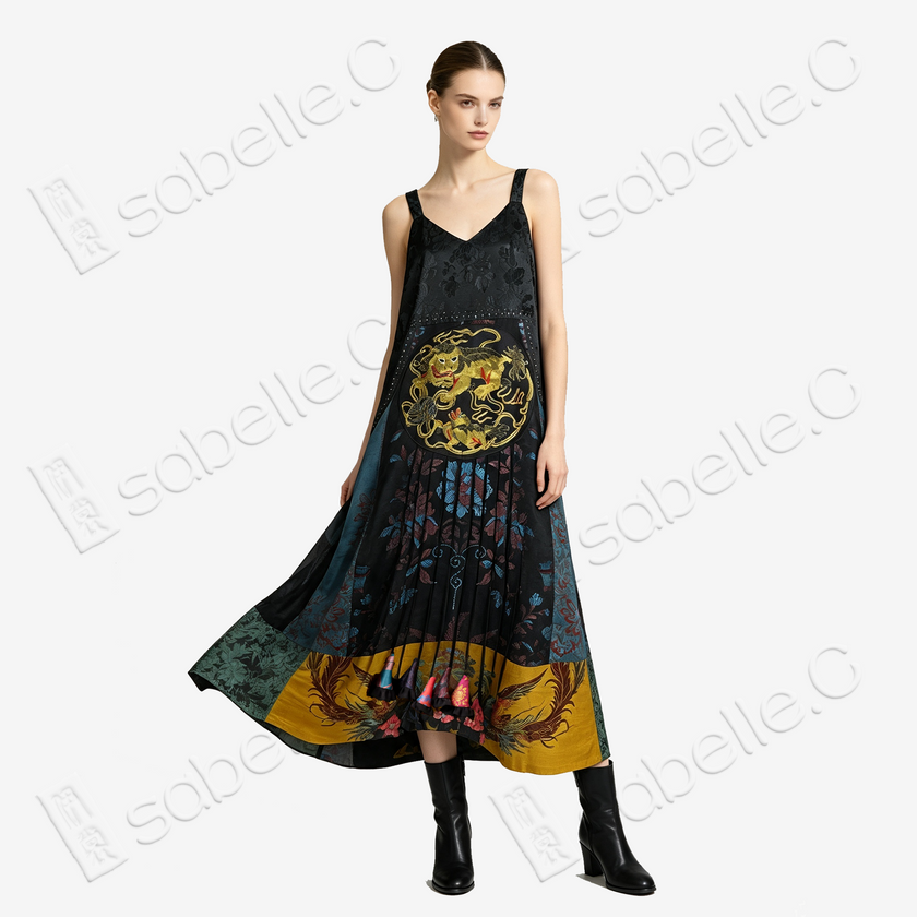 Gilded Embroidery Antique Silk Slip Dress - 「祥獅綉球」手工盤金繡古董真絲拼接長裙