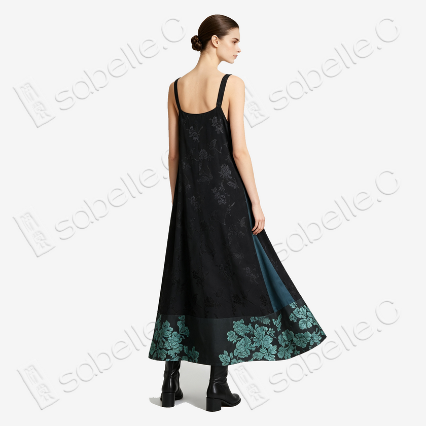 Gilded Embroidery Antique Silk Slip Dress - 「祥獅綉球」手工盤金繡古董真絲拼接長裙