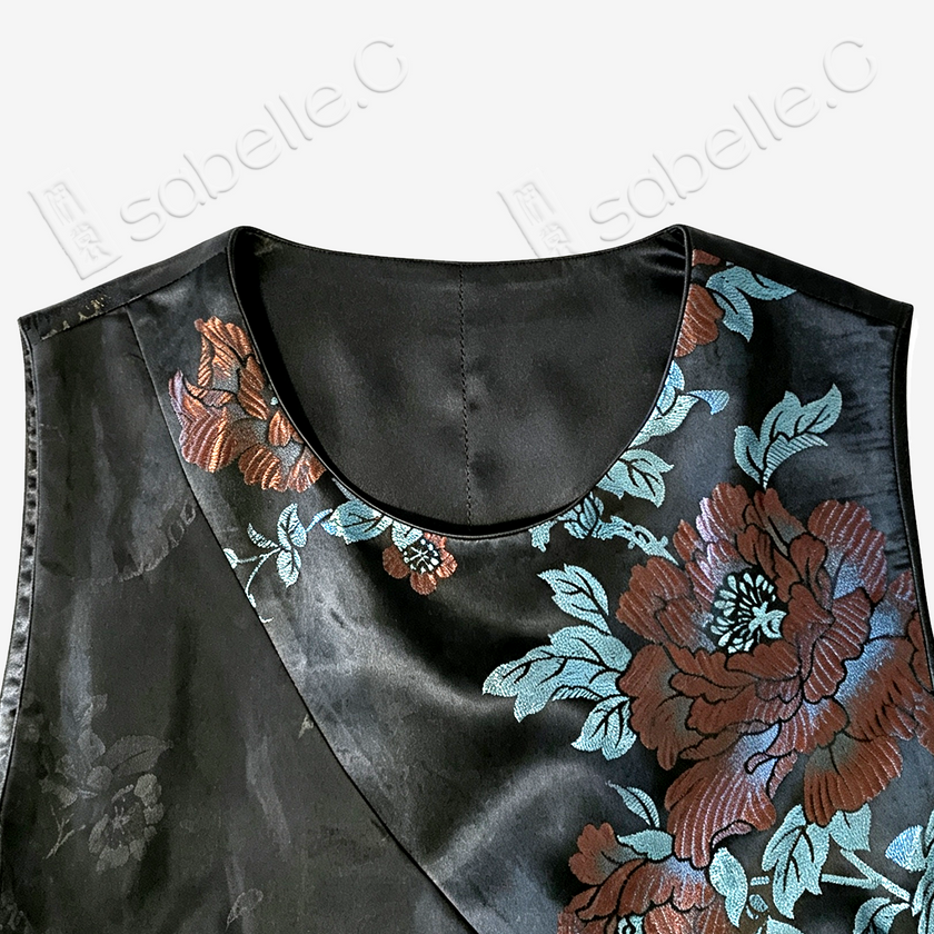 Vintage Silk Embroidered Dress - 「玄綢錦雀」古董真絲刺繡長裙