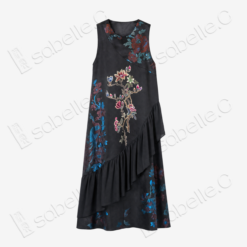 Vintage Silk Embroidered Dress - 「玄綢錦雀」古董真絲刺繡長裙