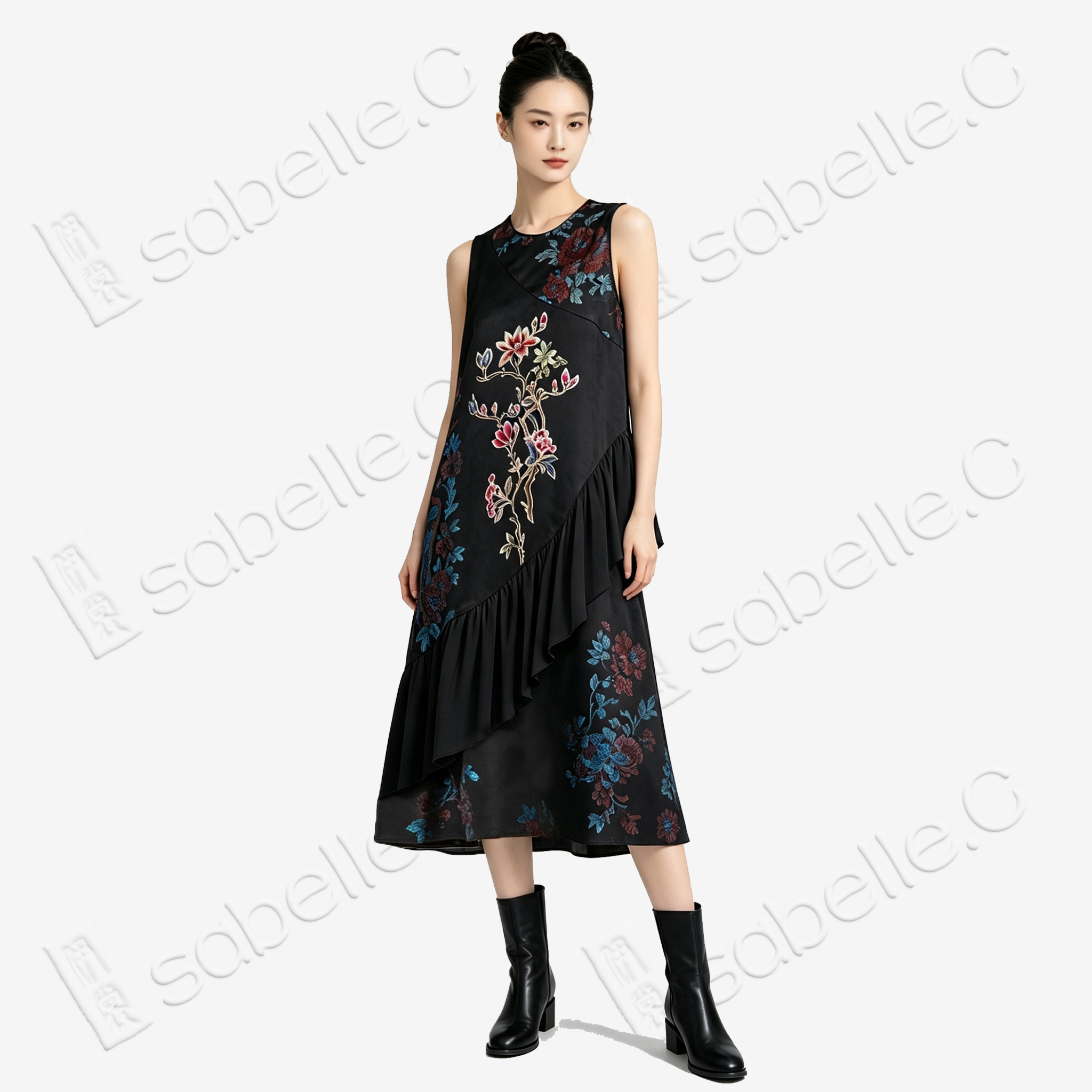 Vintage Silk Embroidered Dress - 「玄綢錦雀」古董真絲刺繡長裙