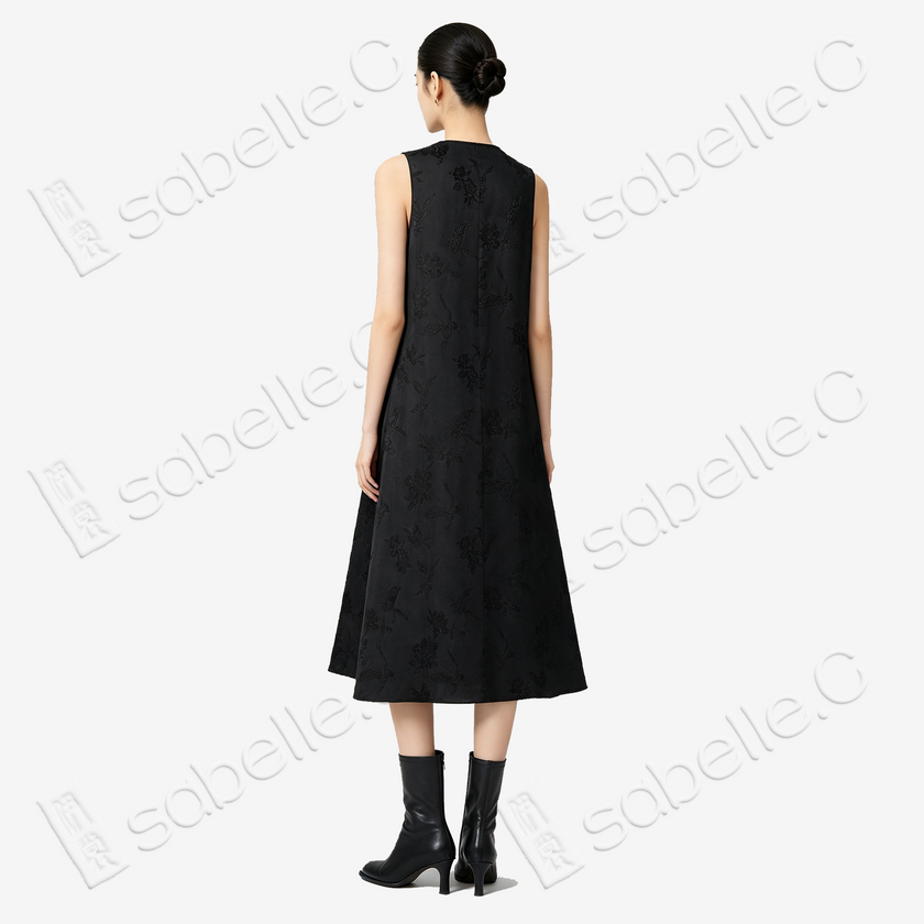 Vintage Silk Embroidered Dress - 「玄綢錦雀」古董真絲刺繡長裙