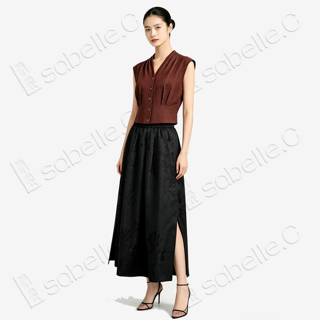 Gambiered Canton Silk Blouse & Vintage Silk Midi Skirt - 紅雲紗上衣 & 古董真絲半身裙
