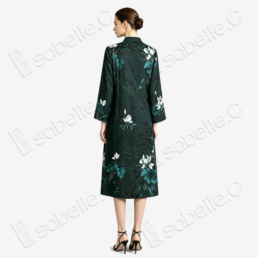 Gambiered Canton Silk Hand‑Painted Dress - 「墨荷曉露」香雲紗手繪裙